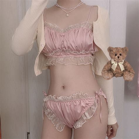 Retro Lace Satin Underwear Set Para Mulheres Doce Menina Sutiã Sexy Tanga Calcinha De
