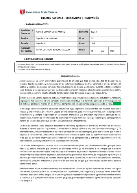 Examen Parcial I Creatividad E Innovacion Caso 3 Examen Parcial I