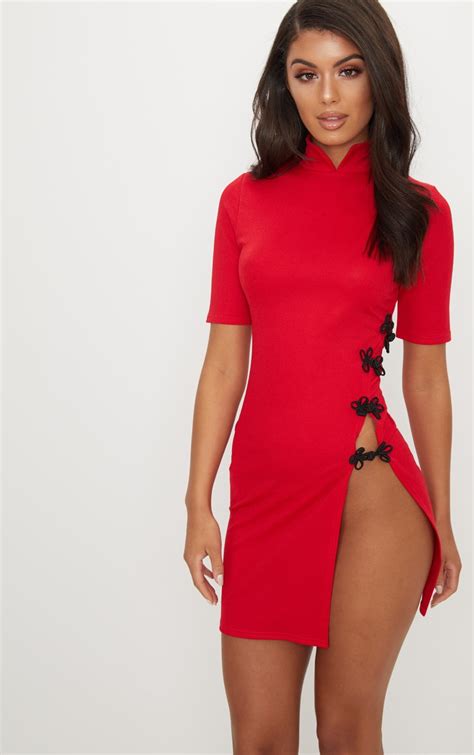 Red Oriental Short Sleeve Split Leg Mini Dress Prettylittlething Usa