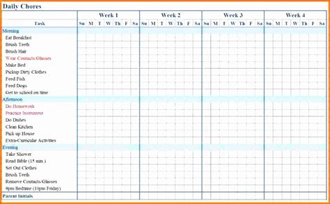 5 Chore Chart Template Excel Excel Templates