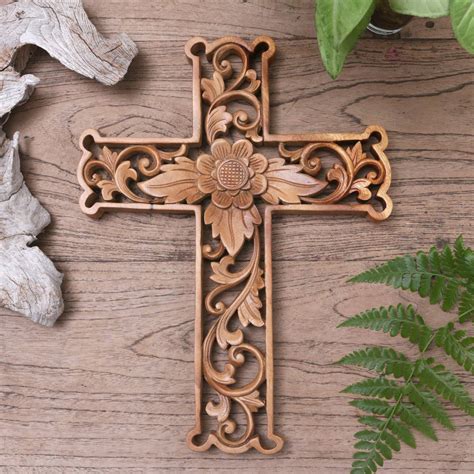 Hand Carved Wood Floral Wall Cross From Bali Lotus Cross Novica