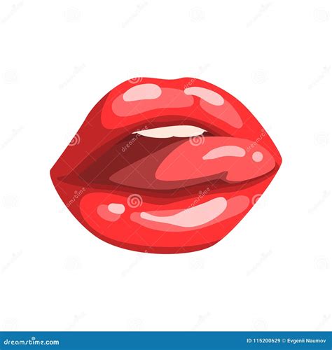 Red Female Mouth With Glossy Lips And Sticking Out Tongue Vector