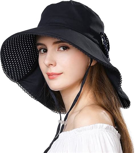 Comhats Summer Cotton Wide Brim Bucket Sun Hat For Women Upf Travel Beach Chin Strap 69053navy