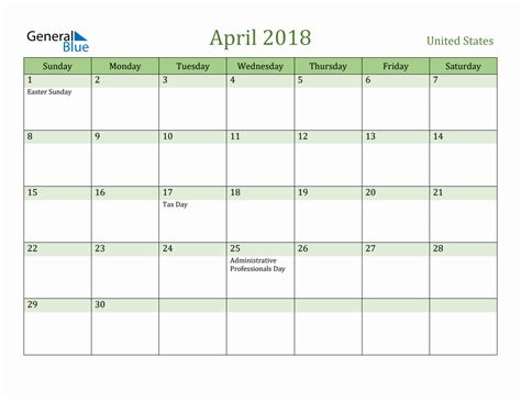 Fillable Holiday Calendar For United States April 2018