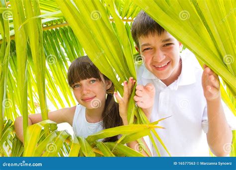 Children In Palm Branches Stock Image Image Of Leaf 16577563