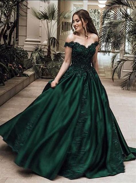 2023 Classic Satin Dark Green Off Shoulder Sweetheart Ball Gown Prom