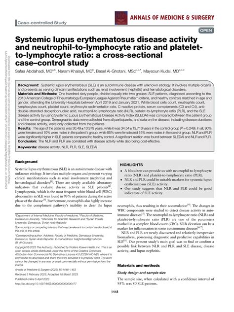 Pdf Systemic Lupus Erythematosus Disease Activity And Neutrophil To