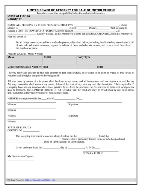 Power Of Attorney For Sale Of Motor Vehicle Florida Doc Template