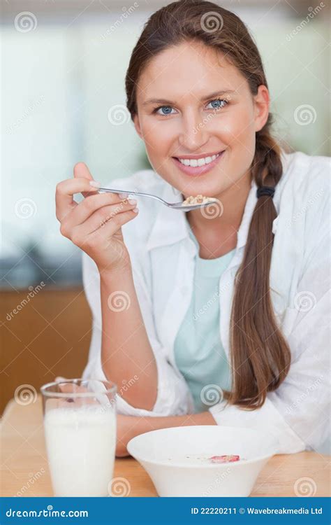 Portrait Of A Young Woman Having Breakfast Stock Image Image Of