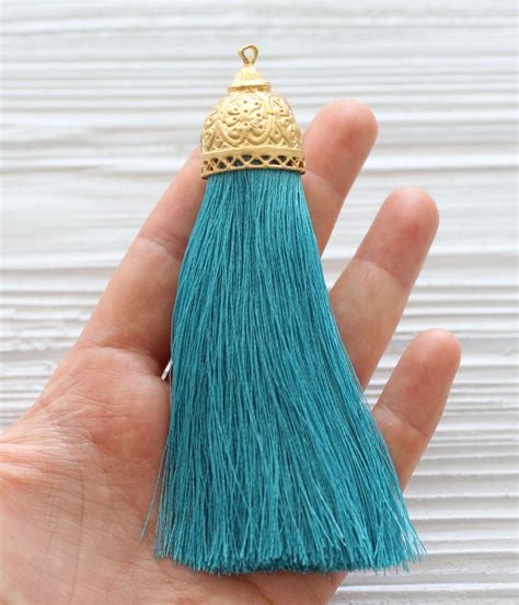 Extra Large Turquoise Silk Tassel With Rustic Gold Tassel Cap Thick Silk Tassel Tassels For