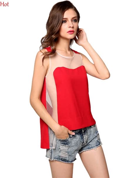 Sexy Women Blouses O Neck Mesh Patchwork Shirt Sleeveless Blouse See Through Tank Tops Red Black
