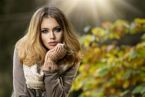 Beautiful Elegant Woman In Park Autumn Portrait Girl Elegant Woman