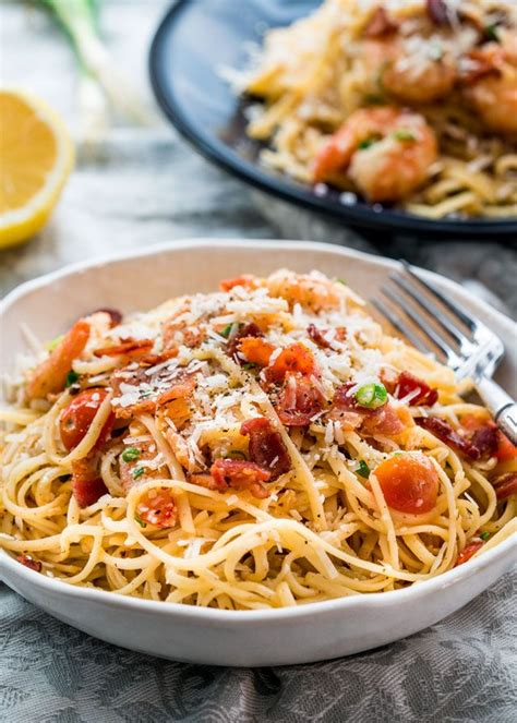 Using tongs, rub the shrimp into the caramelized bits on the bottom of the pan; Delicious Shrimp Scampi with Bacon over linguine. You must ...