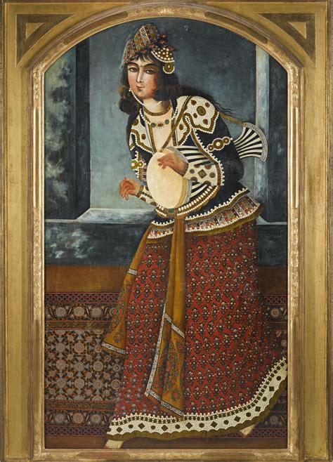 A Lady Playing A Drum Persia Qajar First Half 19th Century Oil On