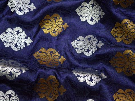 Navy Blue Brocade Fabric Banarasi Brocade Fabric By The Yard Etsy
