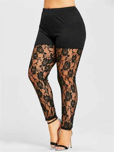 Lortalen Plus Size Xl High Waist Black Sexy Floral Lace Sheer Legging