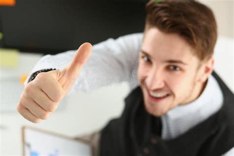 Male Showing Thumbs Up Sign With Hand Cheerful Office Worker Stock