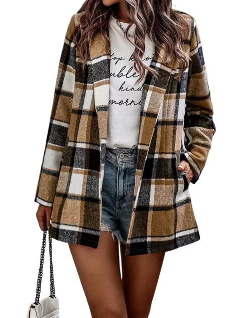 Ukap Women Vintage Flannel Plaid Shirt Jacket Button Up Front Shaket Blouses Lapel V Neck Tunic