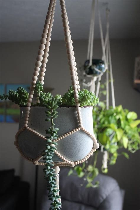Hanging Beaded Plant Hanger 100 Cotton Natural Wooden Etsy Plant