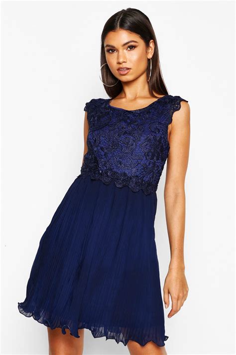 Boohoo Boutique Corded Lace Pleated Skater Dress In Navy Blue Lyst