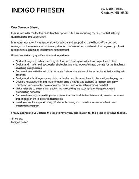 Head Teacher Cover Letter Velvet Jobs