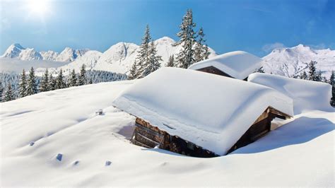 Snow Covered Cabins In Winter Mountains Hd Wallpaper Background Image