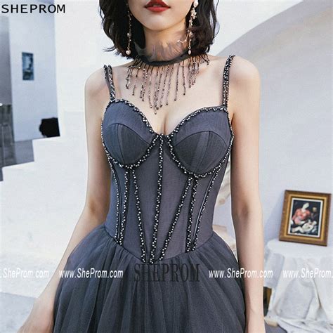 Corset Back Beaded Long Tulle Prom Dress With Spaghetti Straps Best