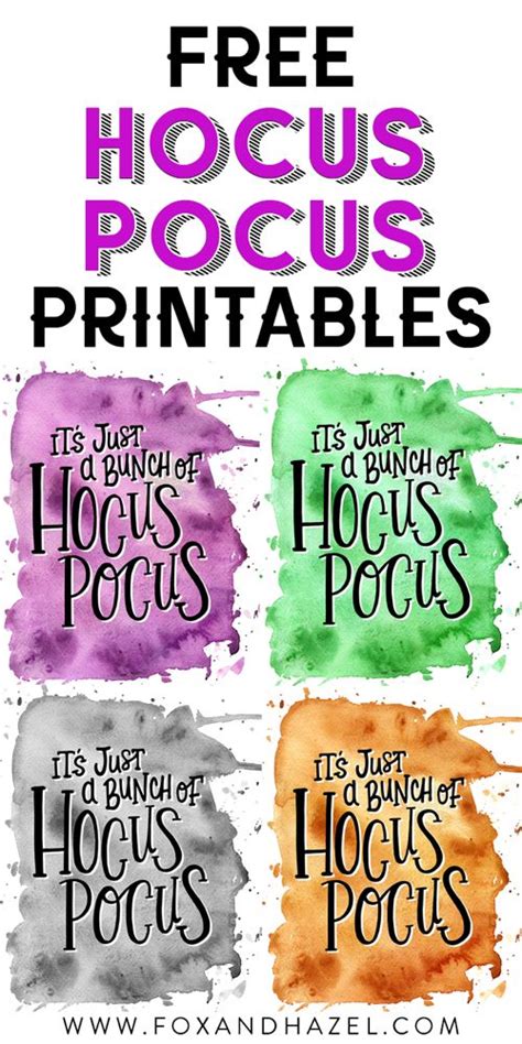 four watercolor posters with the words free hocps pocus printables