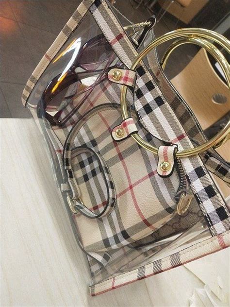 Ring Handle Shoulder Clear Bag with Plaid Inner Pouch | Trendy shoulder