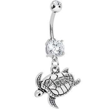 Cubic Zirconia Swimming Sea Turtle Dangle Belly Ring Belly Button