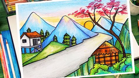 How To Draw Mountains Scenery Easy Scenery Drawing Mountain Scenery
