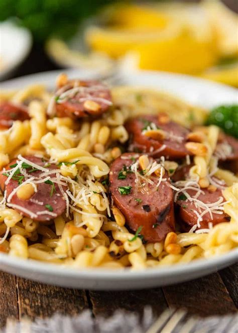 Add olive oil to pan and sauté onions and sausage. Grilled Smoked Sausage and Browned Butter Pasta made using ...