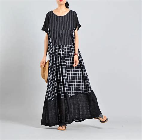 Women Summer Striped Patchwork Dress Ladies Simple Plaid Patchwork Dress Vintage Loose Cotton