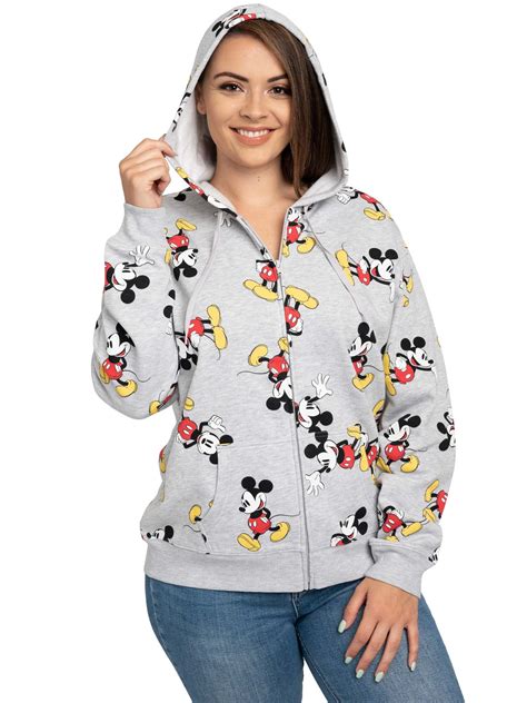 Mickey Mouse Zip Hoodie Sweatshirt All Over Print Gray Womens Plus