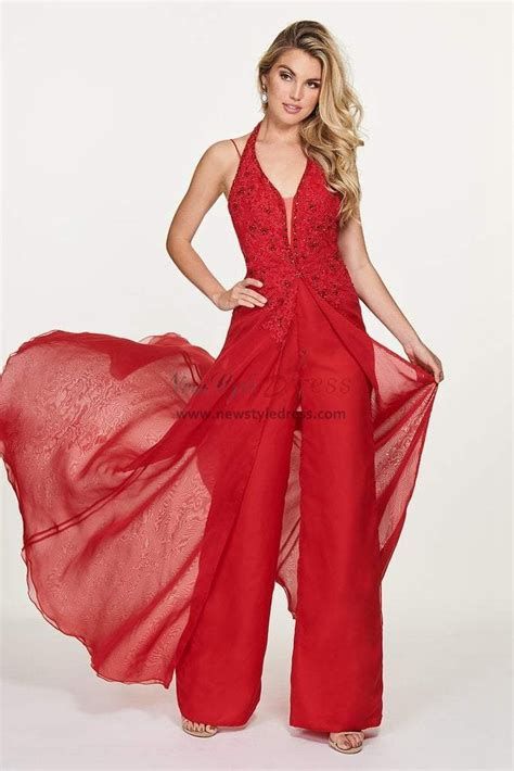 Red Chiffon Wedding Jumpsuits Dresses With Train Wps 155