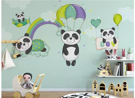 Hand Painted Cartoon Pandas Nursery Wallpaper Wall Mural Etsy