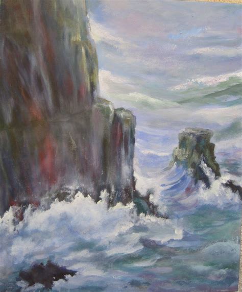 Original Oil Painting Ocean Waves Crashing Against Rocks
