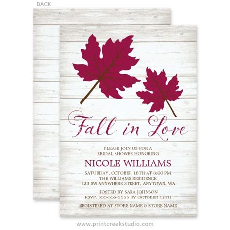 Fall In Love Burgundy Leaves Bridal Shower Invitations Print Creek