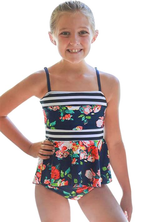 Blue Navy Floral Striped Print Peplum Little Girls Tankini Swimsuit Set