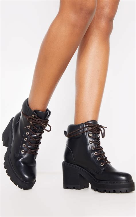 black hiker lace up cleated ankle boot prettylittlething ca