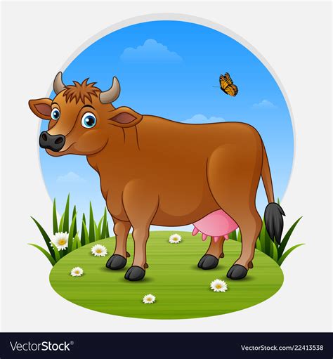 Cartoon Brown Cow On Green Meadow Royalty Free Vector Image