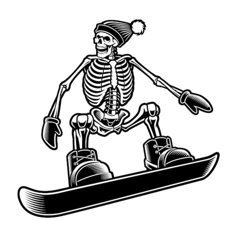 Premium Vector Black And White Illustration Of A Skeleton On The Snowboard Isolated On White