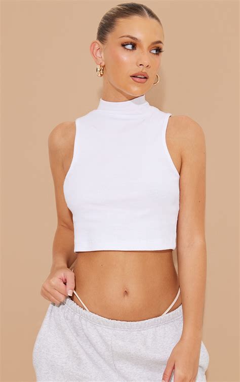 White Basic Rib High Neck Sleeveless Crop Top Prettylittlething Ire