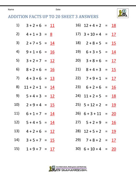 Math Addition Facts To 20