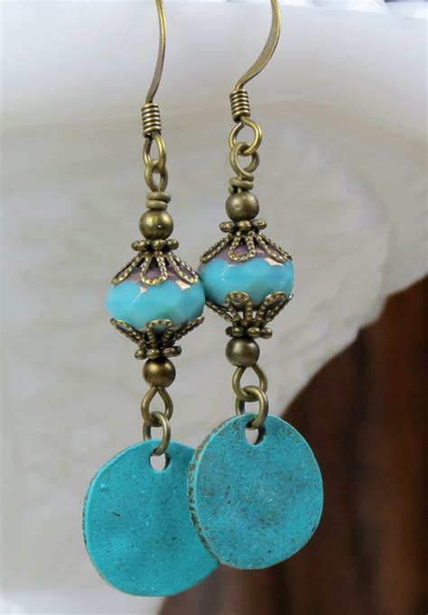 Blue Patina Glass Beaded Dangle Earrings Czech Earrings Drop Etsy