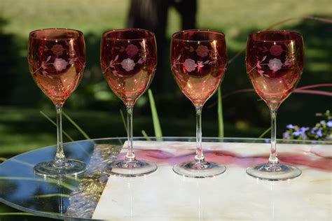 Vintage Red Wine Glasses Set Of 4 Vintage Red Etched Wine Glasses Bar Cart Decor Christmas