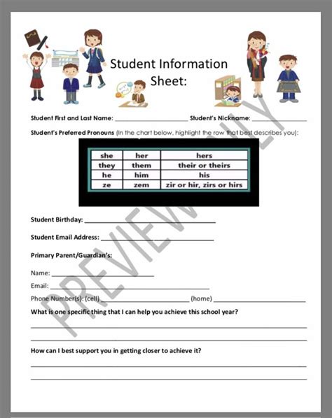 Middle School Student Information Sheet This Back To School Handout Is