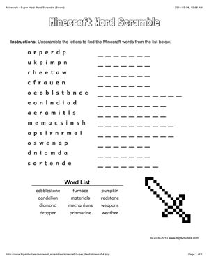 Minecraft Word Scramble Puzzle With A Sword Levels Of Difficulty Scrambled Words Change Each