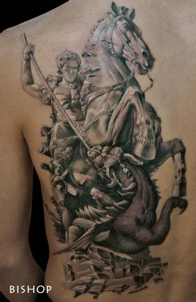 A realistic st george tattoo design with greyscale shading, a red saint georges cross and maybe red dragon fire. Татуировка Георгий Победоносец - значение, эскизы и фото