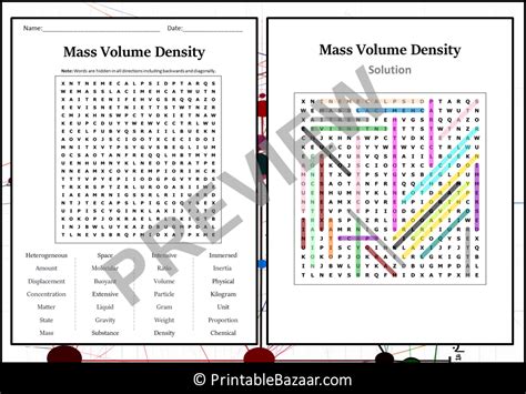 Mass Volume Density Word Search Puzzle Worksheet Activity Teaching